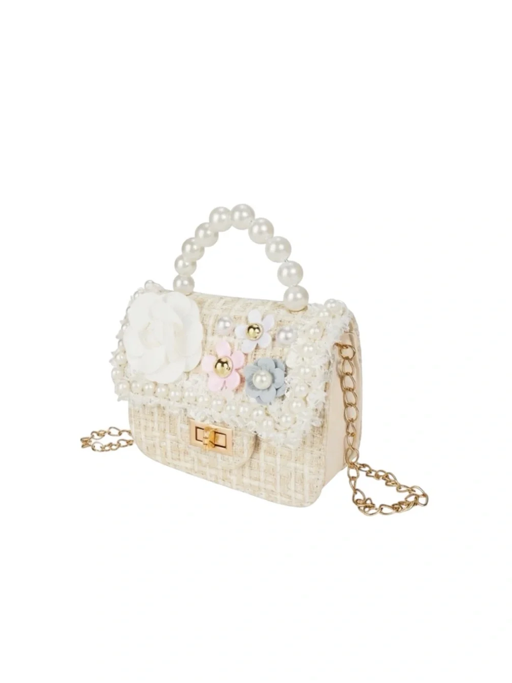 New Girls' Ivory Tweed Pearl-Trim Mini Crossbody Shoulder Bag Purse Chain Strap